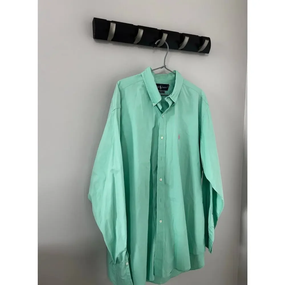 Ralph Lauren Polo men's 100 % cotton, mint green shirt, XL with pink pony